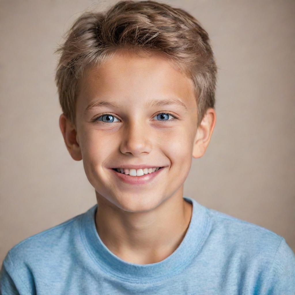 Portrait of a handsome boy with sparkling eyes and a charming smile, adorned in fashionable casual wear.