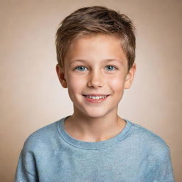 Portrait of a handsome boy with sparkling eyes and a charming smile, adorned in fashionable casual wear.