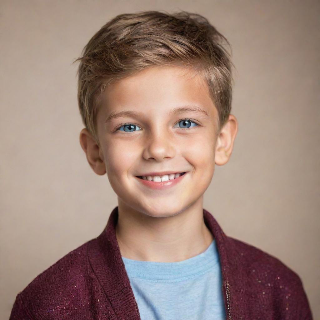 Portrait of a handsome boy with sparkling eyes and a charming smile, adorned in fashionable casual wear.