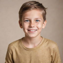 Portrait of a handsome boy with sparkling eyes and a charming smile, adorned in fashionable casual wear.