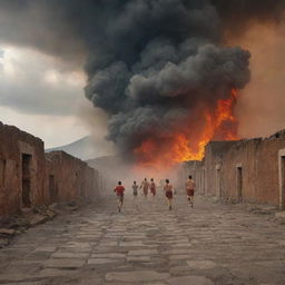 Historic eruption of Pompeii with terrified citizens running and stumbling amidst clouds of ash and fiery magma.