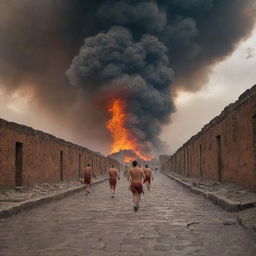 Historic eruption of Pompeii with terrified citizens running and stumbling amidst clouds of ash and fiery magma.