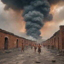 Historic eruption of Pompeii with terrified citizens running and stumbling amidst clouds of ash and fiery magma.