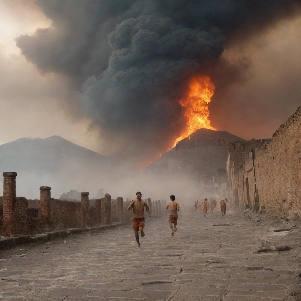 Historic eruption of Pompeii with terrified citizens running and stumbling amidst clouds of ash and fiery magma.