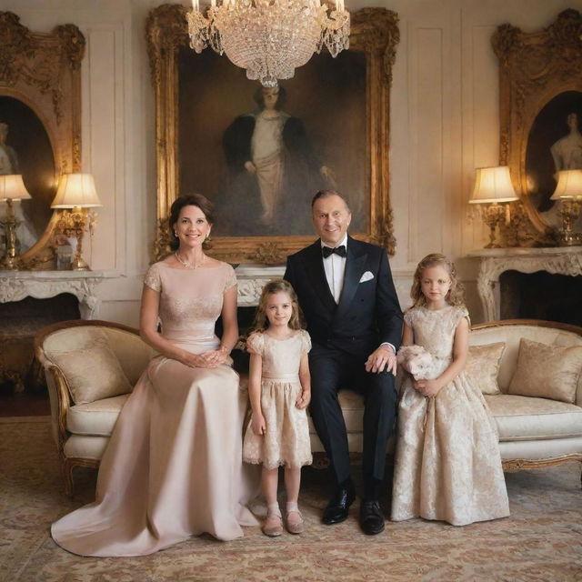 A well-dressed affluent family posing for a portrait in their lavish and luxuriously designed living room, displaying an air of elegance and sophistication.