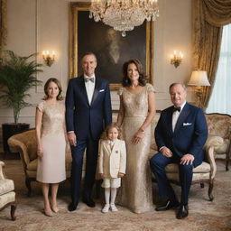 A well-dressed affluent family posing for a portrait in their lavish and luxuriously designed living room, displaying an air of elegance and sophistication.