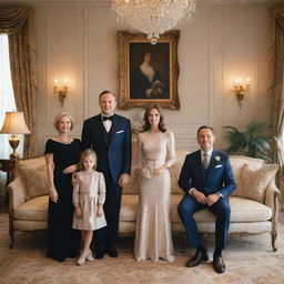 A well-dressed affluent family posing for a portrait in their lavish and luxuriously designed living room, displaying an air of elegance and sophistication.