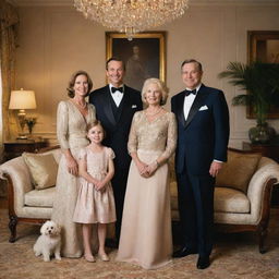 A well-dressed affluent family posing for a portrait in their lavish and luxuriously designed living room, displaying an air of elegance and sophistication.