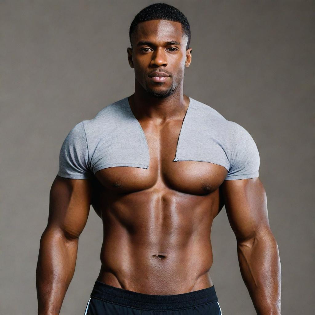 A fit and handsome black man displaying his well-defined six-pack abs, wearing sporty attire.