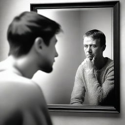 A high-quality digital art image depicting a man looking at his own fading reflection in a mirror