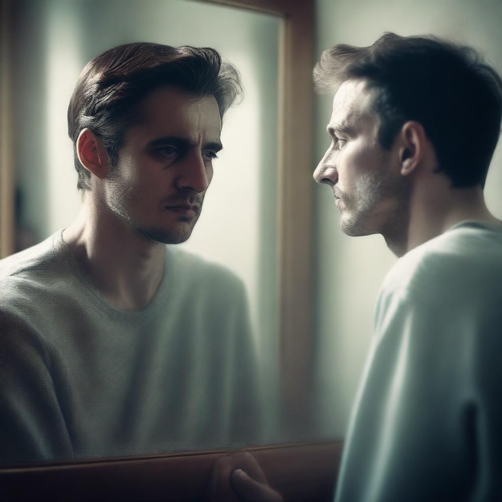 A high-quality digital art image depicting a man looking at his own fading reflection in a mirror