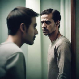 A high-quality digital art image depicting a man looking at his own fading reflection in a mirror