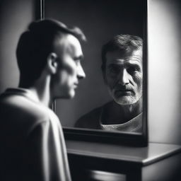 A high-quality digital art image depicting a man looking at his own fading reflection in a mirror