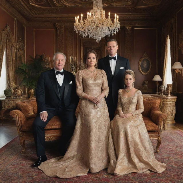 A high-status family posing for a portrait in an opulent mansion, surrounded by grandeur. Expensive artefacts, ornate furniture, and decadent attire showcasing their extreme wealth and prosperity.