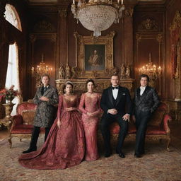 A high-status family posing for a portrait in an opulent mansion, surrounded by grandeur. Expensive artefacts, ornate furniture, and decadent attire showcasing their extreme wealth and prosperity.