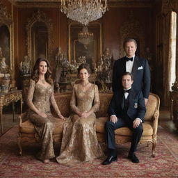 A high-status family posing for a portrait in an opulent mansion, surrounded by grandeur. Expensive artefacts, ornate furniture, and decadent attire showcasing their extreme wealth and prosperity.