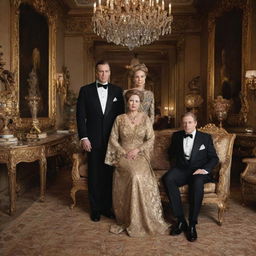A high-status family posing for a portrait in an opulent mansion, surrounded by grandeur. Expensive artefacts, ornate furniture, and decadent attire showcasing their extreme wealth and prosperity.