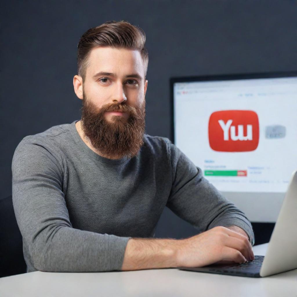 3D illustration of a 30-year-old handsome bearded man developing software, sitting in front of a 3D YouTube logo. The background features a social media profile with the username 'Babar Usmani'.