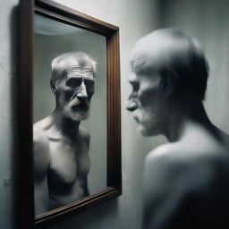 This is a high-resolution digital art image portraying a rough-looking man observing his own fading reflection in a mirror