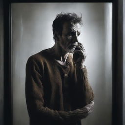 This is a high-resolution digital art image portraying a rough-looking man observing his own fading reflection in a mirror