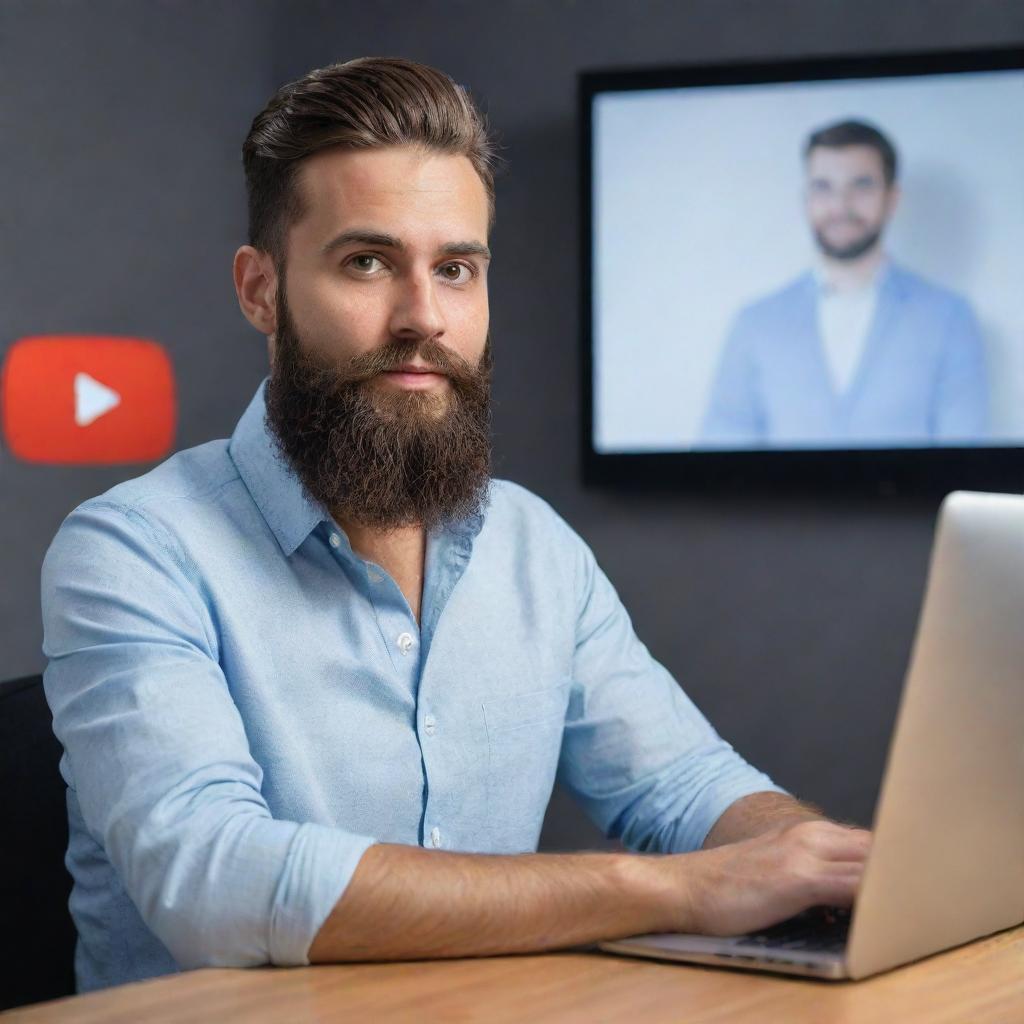 3D illustration of a 30-year-old handsome bearded man developing software, sitting in front of a 3D YouTube logo. The background features a social media profile with the username 'Babar Usmani'.