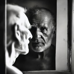 A high-quality digital art image capturing the intriguing contrast of a faded, rough man looking at his clear, neat reflection in the mirror