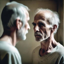 A high-quality digital art image capturing the intriguing contrast of a faded, rough man looking at his clear, neat reflection in the mirror