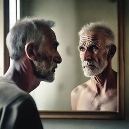 A high-quality digital art image capturing the intriguing contrast of a faded, rough man looking at his clear, neat reflection in the mirror