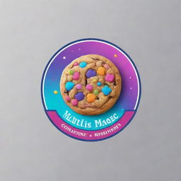 Design a captivating logo for a cookie business named 'Mahil's Magic', featuring vibrant colors, delicious cookies and magical elements.