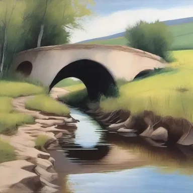 The artist painted a beautiful landscape scene with a culvert running underneath a tranquil road.