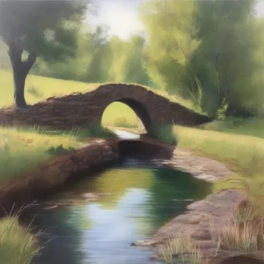 The artist painted a beautiful landscape scene with a culvert running underneath a tranquil road.