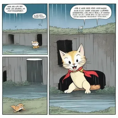 The comic strip showcased a superhero rescuing a kitten trapped in a culvert during a heavy rainstorm.