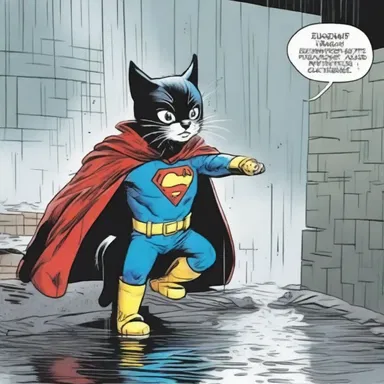 The comic strip showcased a superhero rescuing a kitten trapped in a culvert during a heavy rainstorm.