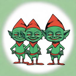 This is a high-quality digital art piece, showcasing three short, dark green goblins with bald heads and sharp teeth