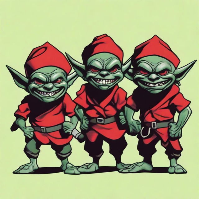 This is a high-quality digital art image featuring three short, dark green goblins