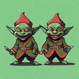 This is a high-quality digital art image featuring three short, dark green goblins