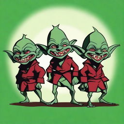 This is a high-quality digital art image featuring three short, dark green goblins