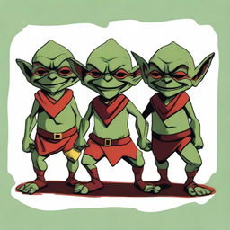 This is a high-quality digital art image featuring three short, dark green goblins