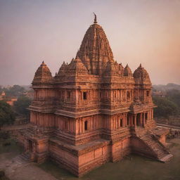 The iconic Ayodhya Temple in India during sunset. The temple is bathed in the warm glow of the setting sun, accentuating its intricate architectural details.