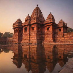 The iconic Ayodhya Temple in India during sunset. The temple is bathed in the warm glow of the setting sun, accentuating its intricate architectural details.