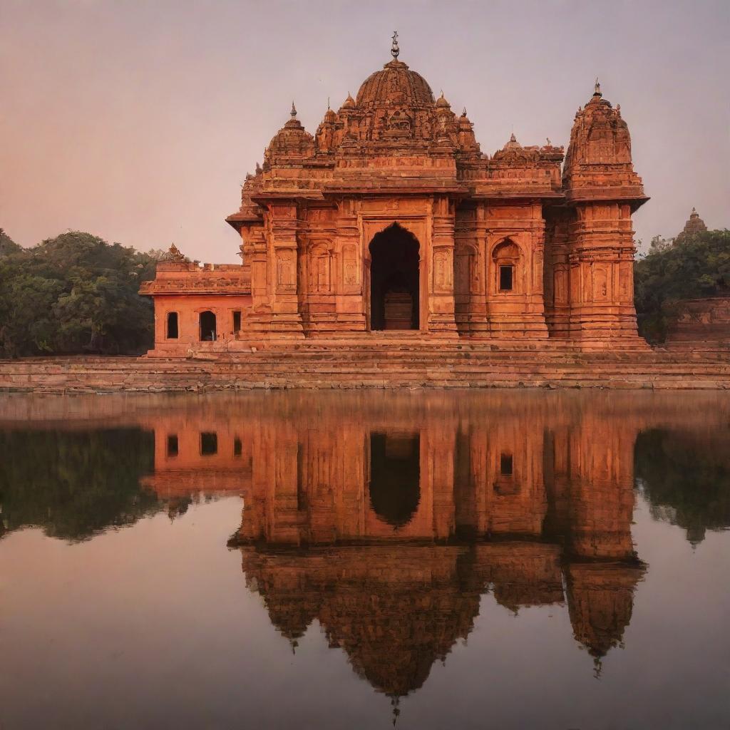 The iconic Ayodhya Temple in India during sunset. The temple is bathed in the warm glow of the setting sun, accentuating its intricate architectural details.