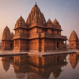 The iconic Ayodhya Temple in India during sunset. The temple is bathed in the warm glow of the setting sun, accentuating its intricate architectural details.