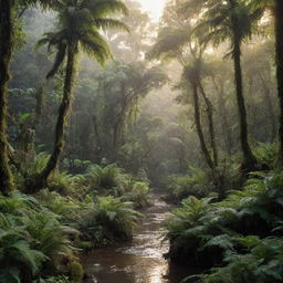 A teeming tropical rainforest at dawn, with diverse trees like ferns and palms covered in moss, birds chirping, monkeys swinging from branches, intricate networks of plant roots, and a slowly flowing river cutting through the lush landscape.