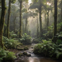 A teeming tropical rainforest at dawn, with diverse trees like ferns and palms covered in moss, birds chirping, monkeys swinging from branches, intricate networks of plant roots, and a slowly flowing river cutting through the lush landscape.