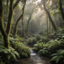 A teeming tropical rainforest at dawn, with diverse trees like ferns and palms covered in moss, birds chirping, monkeys swinging from branches, intricate networks of plant roots, and a slowly flowing river cutting through the lush landscape.