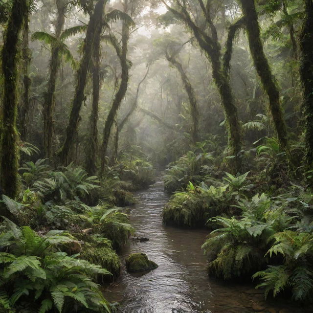 A teeming tropical rainforest at dawn, with diverse trees like ferns and palms covered in moss, birds chirping, monkeys swinging from branches, intricate networks of plant roots, and a slowly flowing river cutting through the lush landscape.