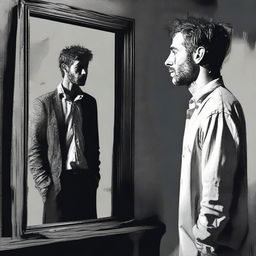 An emotive digital art piece of high quality, illustrating a man in tattered clothes, staring at his reflection in a mirror