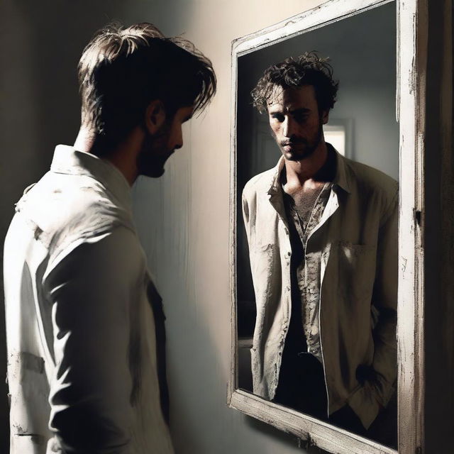 An emotive digital art piece of high quality, illustrating a man in tattered clothes, staring at his reflection in a mirror