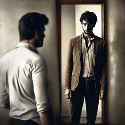 An emotive digital art piece of high quality, illustrating a man in tattered clothes, staring at his reflection in a mirror