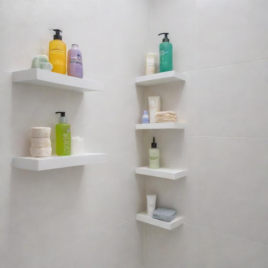 A modern, brightly lit bathroom with stylish stick-on shower shelves holding assorted bathing products